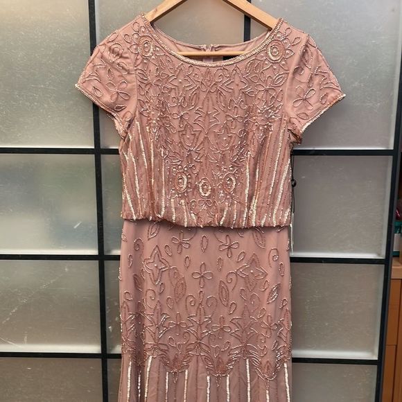 ADRIANNA PAPELL SHORT SLEEVE BLOUSON BEADED GOWN IN ROSE GOLD - Picture 8 of 14